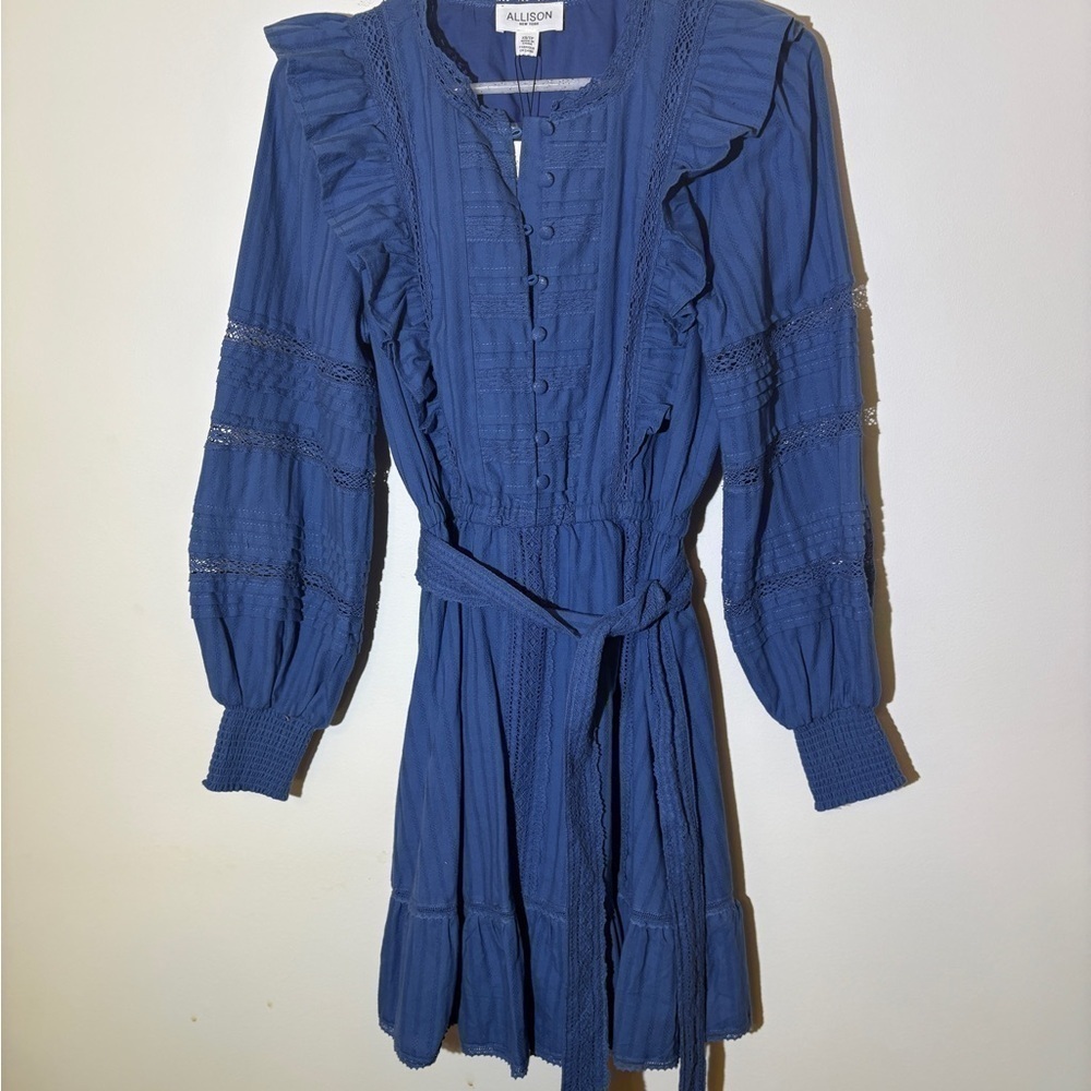 NWT Allison New York Blue Long Sleeve 'Piper' Belted Mini Dress sz XS Cotton